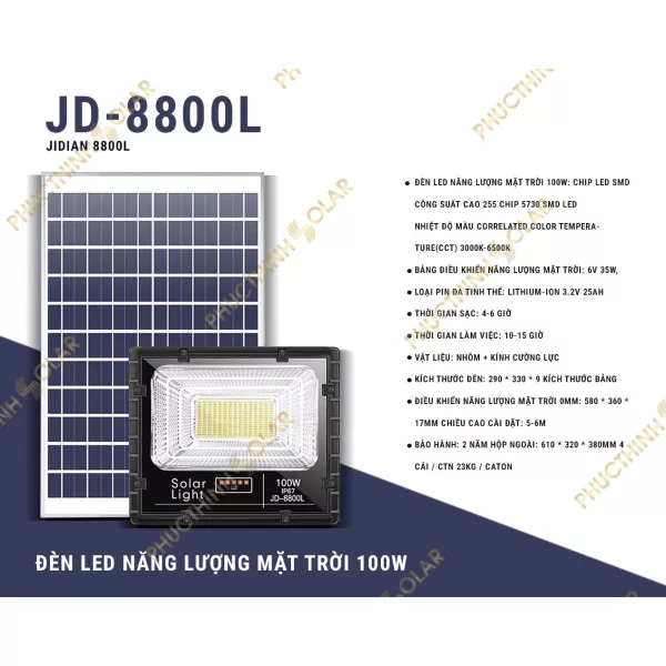 Đèn pha năng lượng mặt trời 100W JinDian JD-8800L