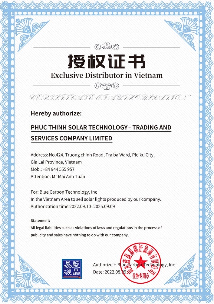 BLUE CARBON ĐÈN NĂNG LƯỢNG MẶT TRỜI CHO DỰ ÁN 5 Phúc Thịnh Solar đối tác độc quyền Blue Carbon tại Việt Nam