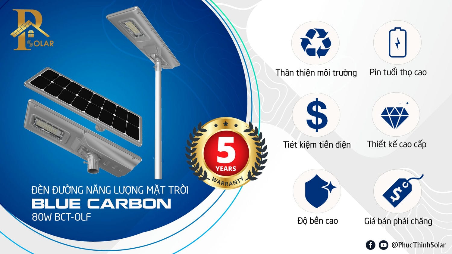 Đèn Đường Năng Lượng Mặt Trời 80W Blue Carbon BCT-OLF những ưu thế nổi trội