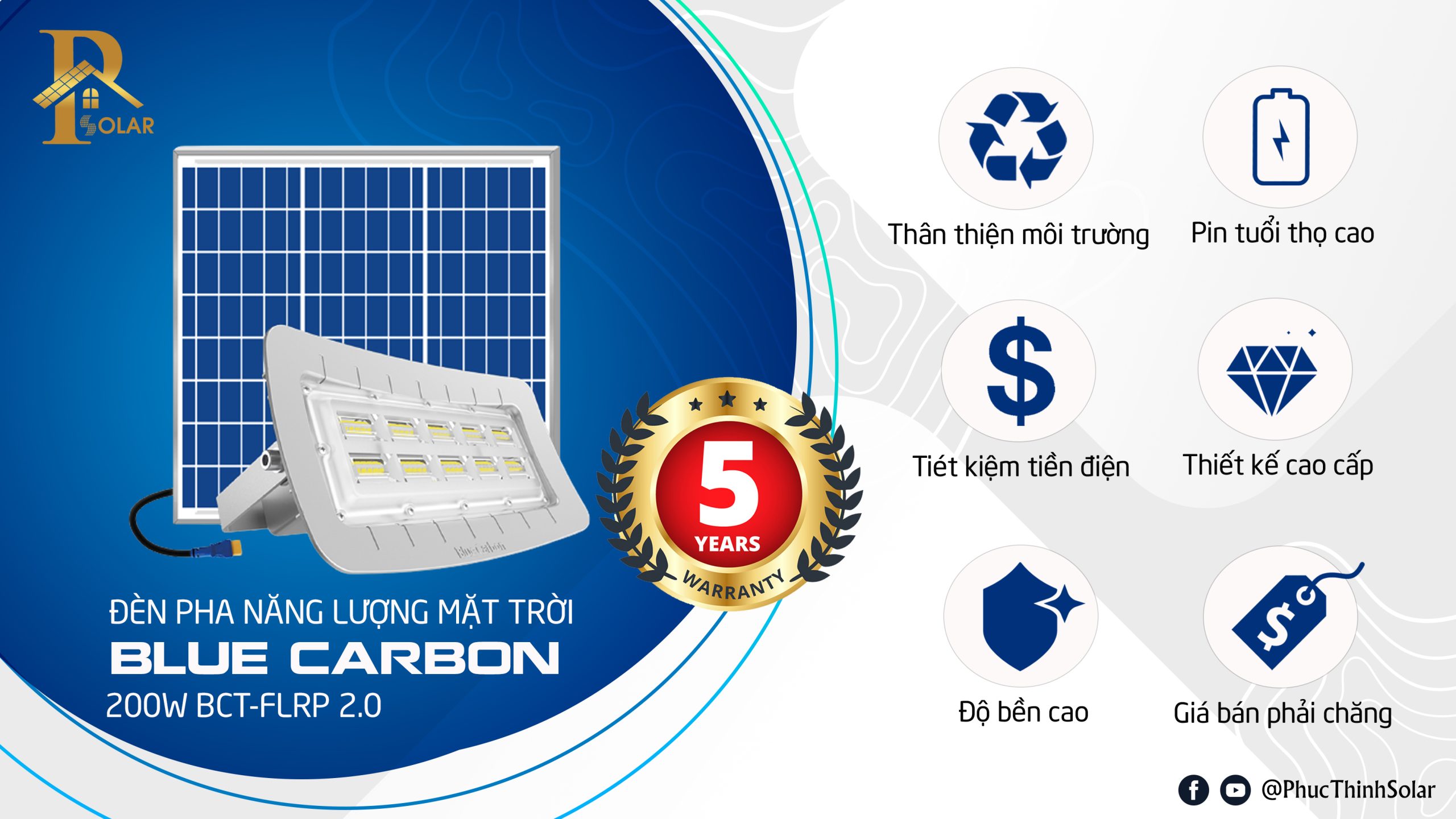 Đèn pha năng lượng mặt trời 200W Blue Carbon BCT-FLRP2.0 tính năng nổi bật