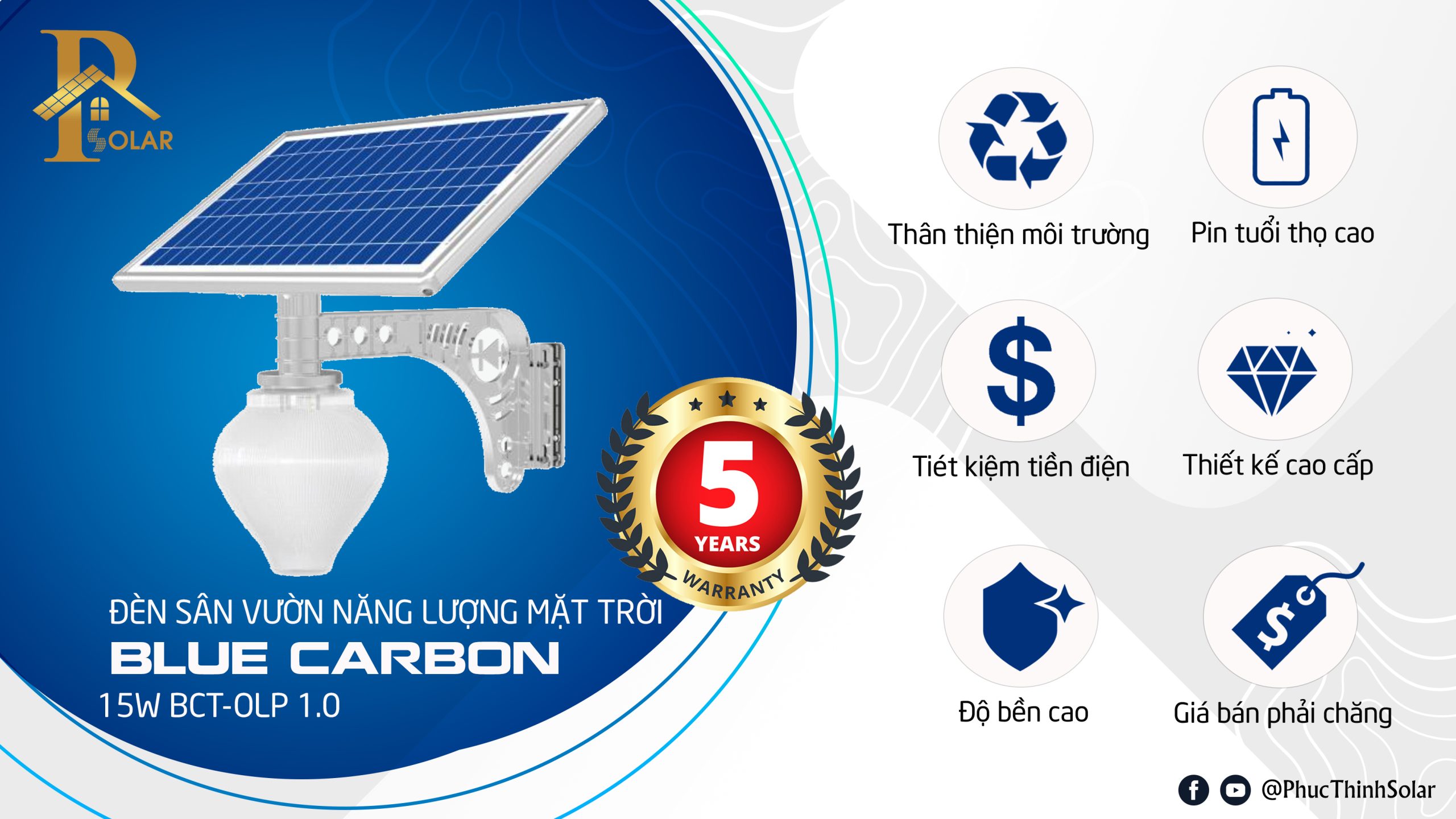 Đèn sân vườn năng lượng mặt trời 15W – Blue Carbon BCT-OLP1.0 - Lựa chọn sáng giá cho ngôi nhà của bạn